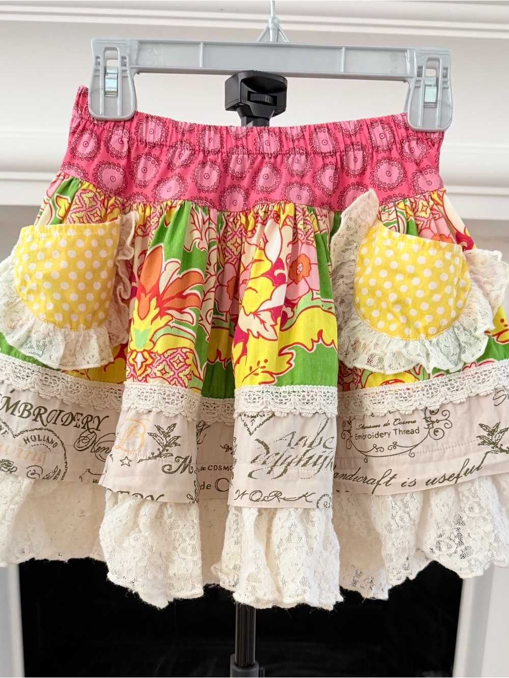 Mustard Pie Colorful Floral Tiered Skirt w/ Lace - Pink, Yellow, Green- Girls 6